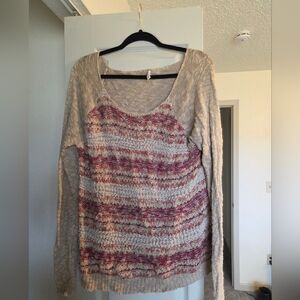 Maurices Cream and Pinj Striped V-Neck Sweater